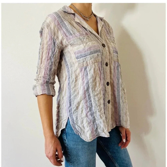 Free People High Tide Pastel Stripe Button Down Shirt Size Large - Picture 2 of 13
